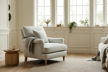 Fototapeta premium Light grey armchair in a bright living room with large windows, wooden floor, and natural light.