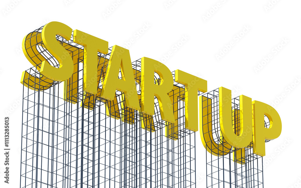 Poster yellow 3d startup text resting on a wireframe structure, isolated on white background. represents in