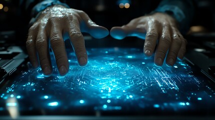 Engineer reviewing blueprints for a microchip close up, plan in progress, vibrant, Manipulation, tech design studio backdrop