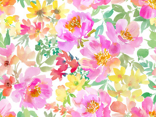 A seamless pattern of abstract wild roses and flowers painted in watercolor with transparent background. A floral wallpaper png pattern in watercolor. 