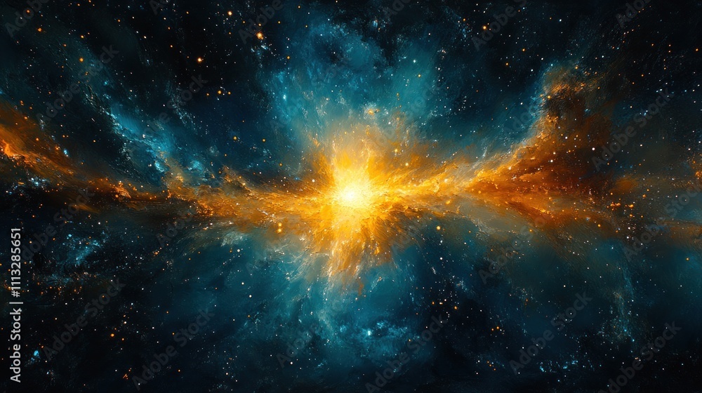 Poster abstract futuristic cosmic explosion of light with teal emerald radial symmetry dynamic movement and