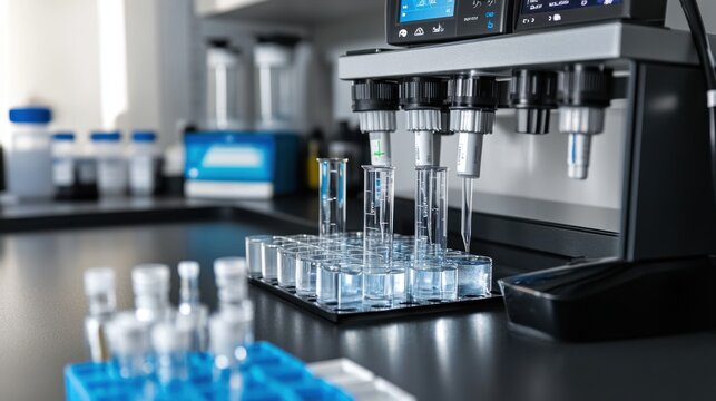 Advanced laboratory equipment facilitates precise liquid handling for scientific research in a modern facility