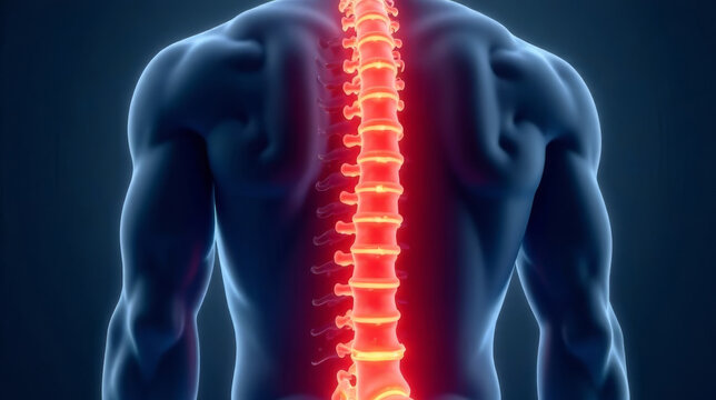 Spine anatomy with illuminated vertebrae in a dark setting highlighting the human skeletal structure