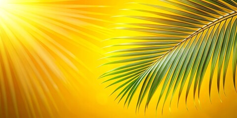 Fototapeta premium Vibrant Palm Frond Illuminated by Bright Sunlight on Yellow Background