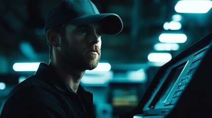 Engineer fine-tuning a virtual reality treadmill close up, immersive movement, ethereal, Multilayer, gaming innovation center backdrop