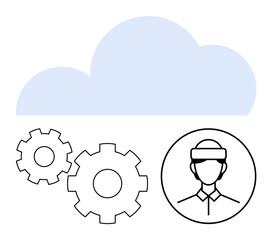 Cloud graphic with two gears and a person wearing a VR headset in a circle. Ideal for technology, cloud computing, automation, AI, user interface, virtual reality, innovation. Line metaphor