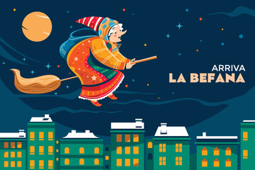 Witch like old woman who delivers gifts to children throughout Italy on Epiphany Eve suitable for Background