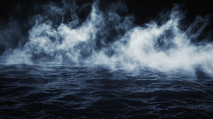 Smoke clouds above black water surface. Vector realistic illustration of white fog, steam, mist over spooky sea waves, dark river splashing in scary smog, mysterious Halloween atmosphere, horror night