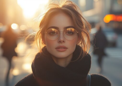 Smiling Asian Woman Walking to Lunch in a Busy City Street During Golden Hour