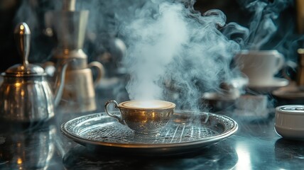 A steaming cup of coffee on a decorative tray, surrounded by brewing tools.