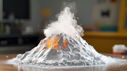 Active volcano model demonstrating eruption with smoke and lava effect in a classroom setting