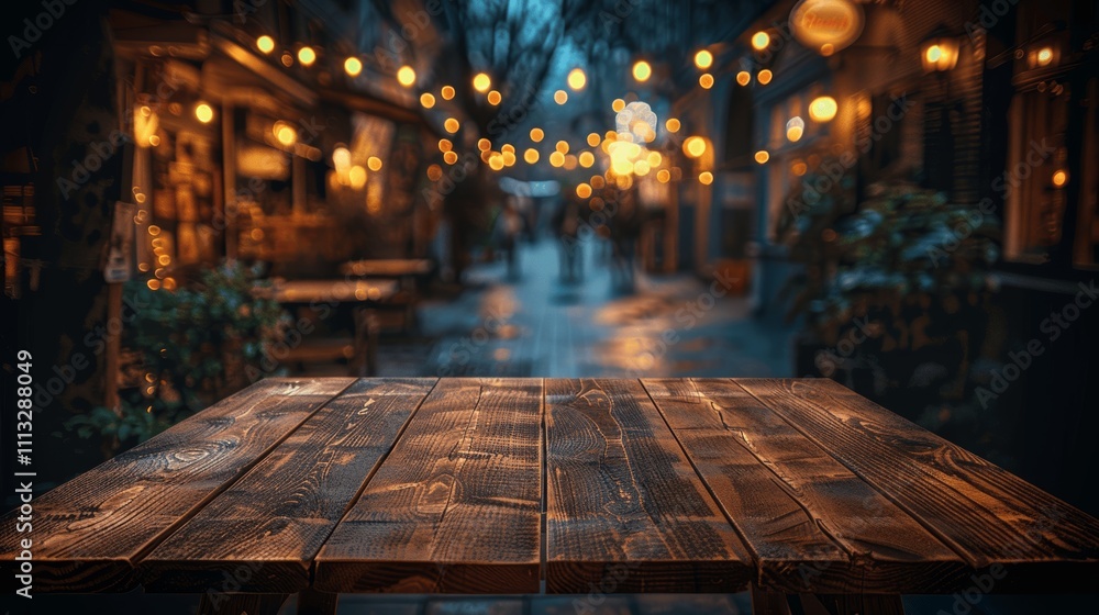 Poster empty wooden table top with christmas lights bokeh background for product display