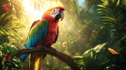 Obraz premium A colorful parrot perched on a branch, its feathers shining in vibrant shades of green, blue, and yellow. The bird chirps happily, surrounded by tropical plants
