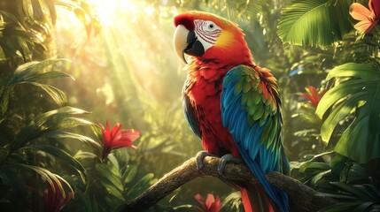 Obraz premium A colorful parrot perched on a branch, its feathers shining in vibrant shades of green, blue, and yellow. The bird chirps happily, surrounded by tropical plants