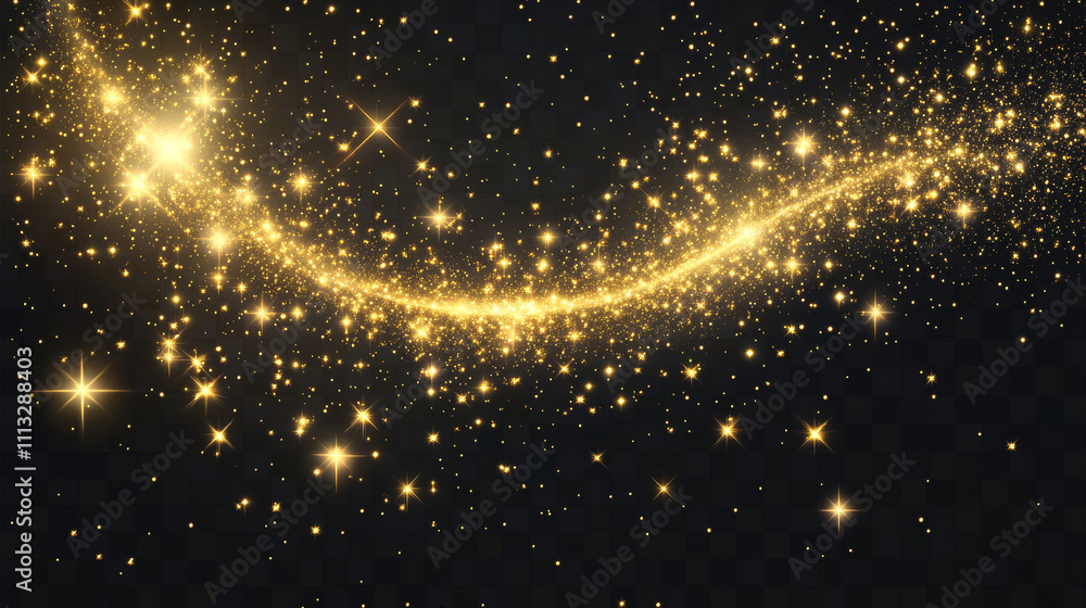 Poster magic gold dust trail with star shaped sparkles on dark transparent background. realistic vector ill