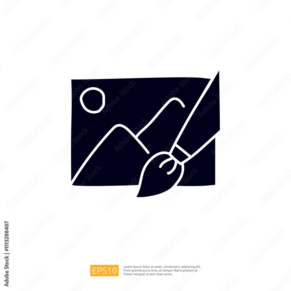 Poster this image features a simple graphic representation of a painter's brush creating a landscape scene 