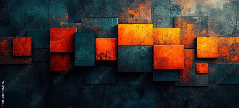 Poster abstract colorful texture painting with overlapping squares and brushstroke layers in vibrant blue a