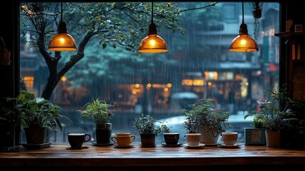 Obraz premium A cozy caf? scene with plants and warm lighting during a rainy day.