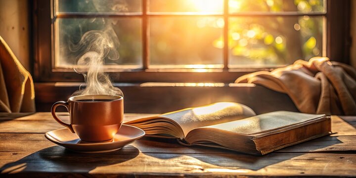 Warm morning sunlight streams through a window illuminating a steaming cup of coffee and an open book resting on a rustic wooden surface.