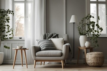 Cozy living room armchair with pillows, plants, side tables, and floor lamp near window.