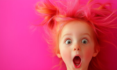 Laughing child on colorful, crazy pink background, room for text