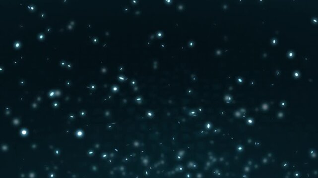 Dark blue seamless looping particle background. Repeating wallpaper of glowing blue flickering dots rising over black backdrop.