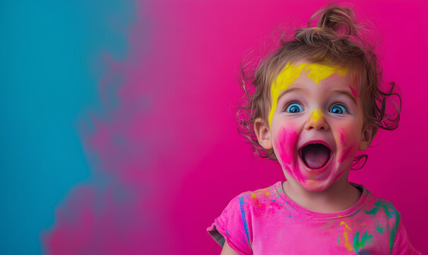 Laughing child with paint, crazy pink background, room for text