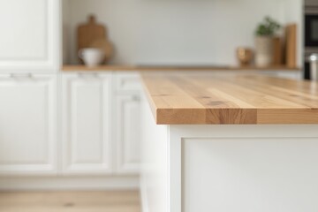 A close-up shot of an end-grain wood countertop, situated atop a smooth, blur-white wall in a modern kitchen setting. The warm tones of the wood are perfectly framed by the crisp white surroundings