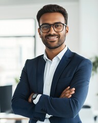 Handsome successful Indian businessman wearing a suit and glasses, standing with his arms crossed in a modern office.