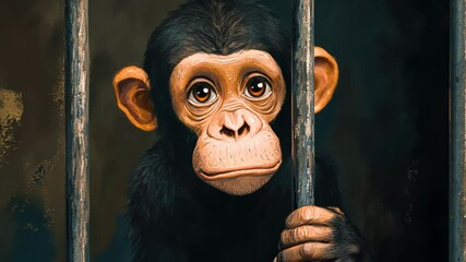 Baby chimpanzee holding bars looking sad