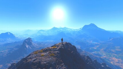 Person atop mountain peak, vast, scenic vista.