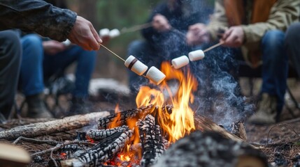 Fototapeta premium Campfire Gathering: Roasting Marshmallows Under the Night Sky