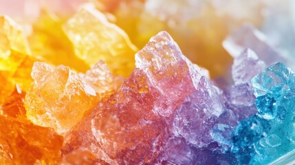 Colorful crystalline formations display vibrant hues illuminated by soft light in a serene setting
