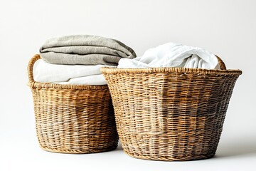 Set of nested wicker baskets with folded linen inside on a plain white background