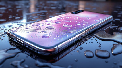 Waterproof Smartphone with Stylish Gradient Design and Water Droplets