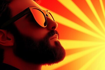 Bearded Man in Sunglasses with Radiant Orange Background