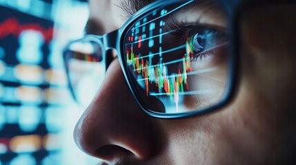 close up man trader looking at stock market with chart reflect in eye glasses, showcasing business and finance trading