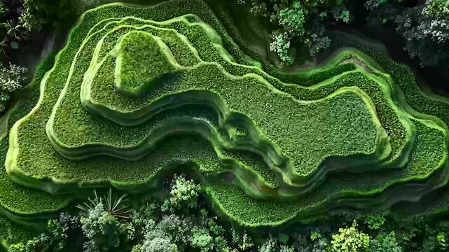 A view of a green terraced rice fields