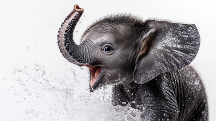 Cinematic close-up of a baby elephant splashing water