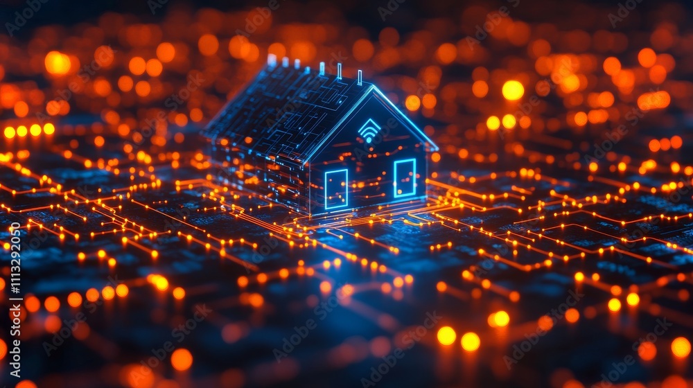 Poster digital representation of a smart home surrounded by a network of glowing circuitry and technology