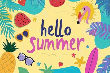 Fototapeta premium Colorful Summer Background with Fun Holiday Elements for Vacation and Party