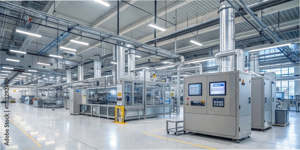 Poster modern automated factory interior with advanced machinery and robotics