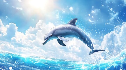 Fototapeta premium A dolphin leaps from the ocean, surrounded by bright sunlight and fluffy clouds.