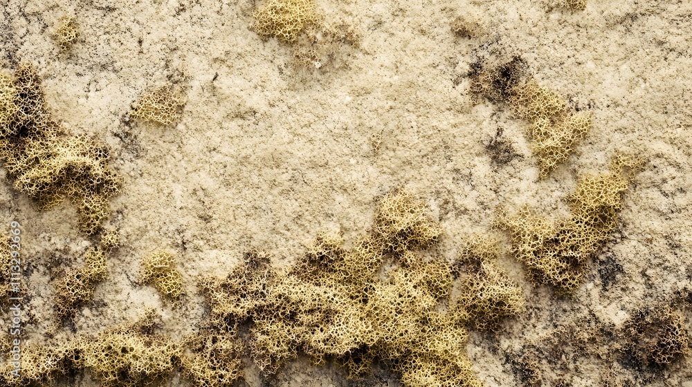 Poster close-up of textured surface with moss and lichen, showcasing natural patterns.