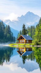 Misty Mountain Lake Surrounded by Pine Trees
