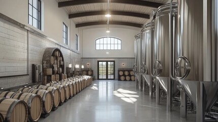 A modern wine production facility features large stainless steel tanks and beautifully arranged oak barrels.