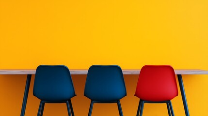 Obraz premium Vibrant Workspace with Colorful Chairs Against a Bright Yellow Wall for a Modern Aesthetic Feel. Uninterrupted Communication Concept