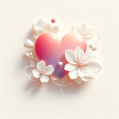 Valentine's Day illustration in the shape of a heart with pastel-colored flowers and leaves. The overall color palette is soft and soothing, featuring shades of  white, blue, pink