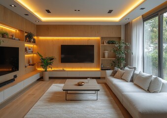 Modern living room with wooden wall, large TV, comfortable sofa, and ambient lighting.