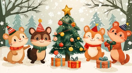 Fototapeta premium Adorable woodland animals celebrate Christmas in a snowy forest, surrounded by a decorated tree, colorful gifts, and festive atmosphere, perfect for seasonal joy and warmth.
